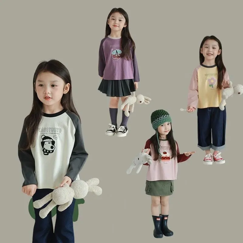 【90-140】モコモコ柄キャンディー色ラグラン長袖Tシャツ