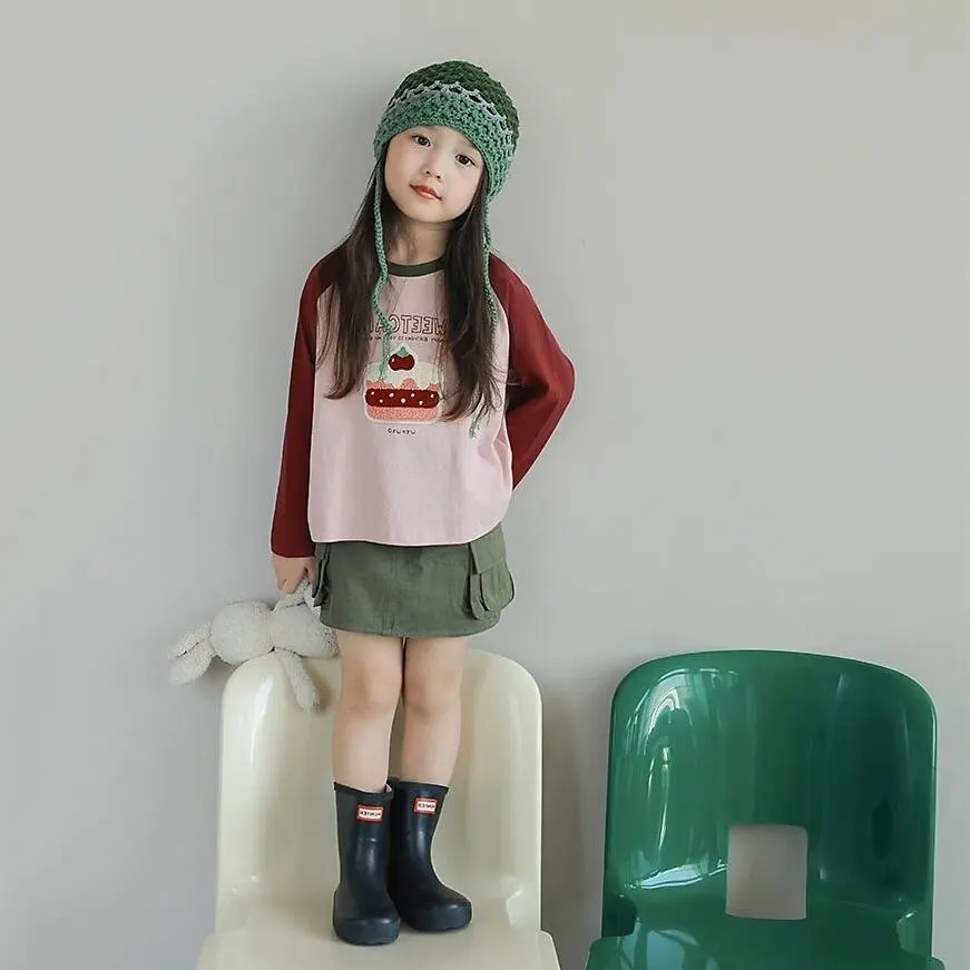 【90-140】モコモコ柄キャンディー色ラグラン長袖Tシャツ