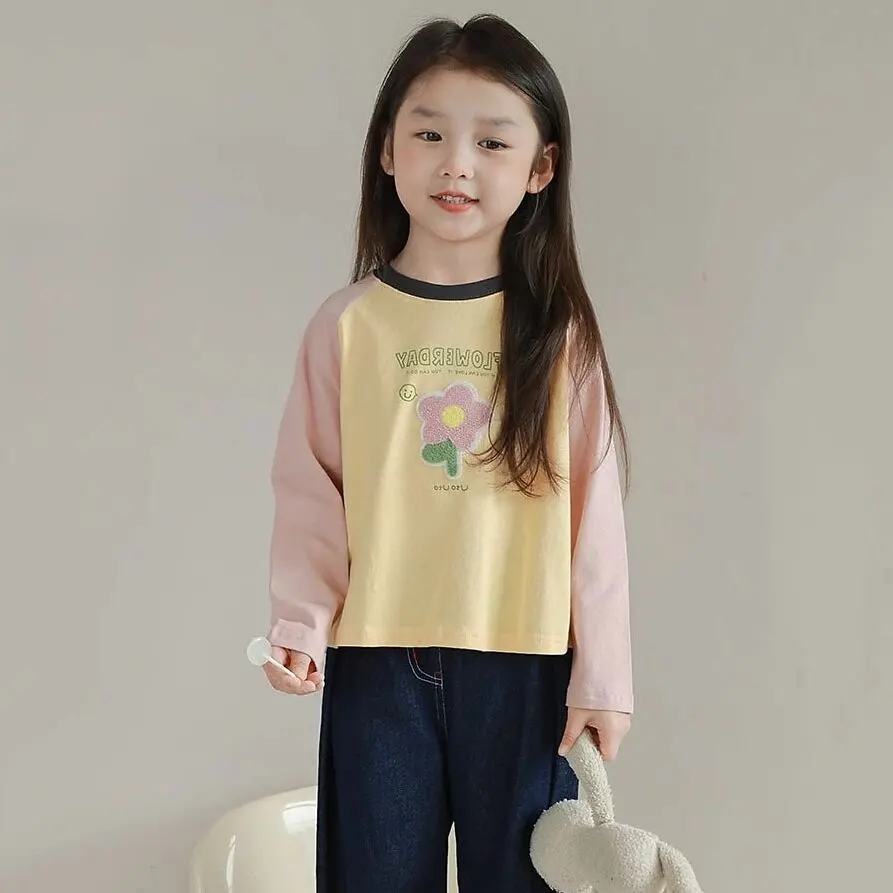 【90-140】モコモコ柄キャンディー色ラグラン長袖Tシャツ