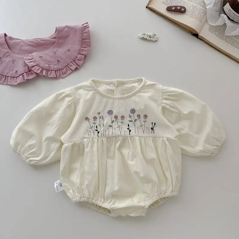 【66-90】春新作可愛い小花刺しゅうカラー付きロンパース