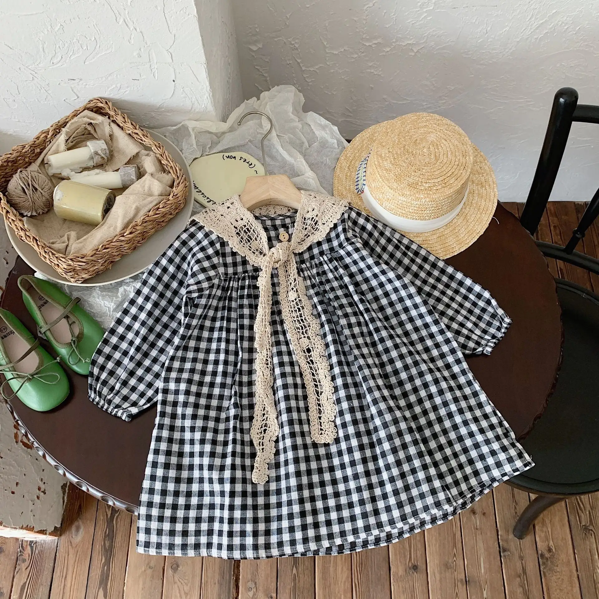 【90-140】春新作 ブラックチェックワンピース