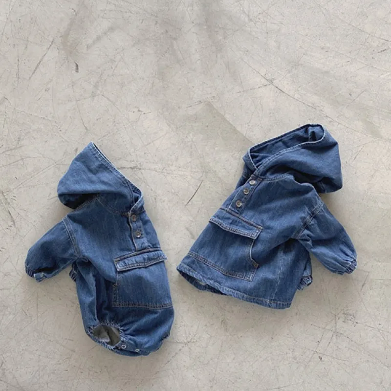 【66-100cm】超人気 人気新作 デニム 無地 長袖 フード付き ベビー服 赤ちゃん ロンパース