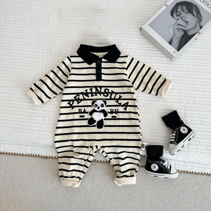 【66-90cm】人気上昇中 超かわいい 配色 ボーダー パンダ 長袖 ベビー服 赤ちゃん ロンパース