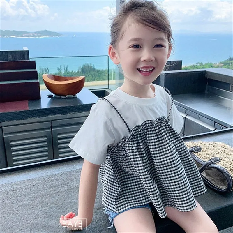 【90-150】レイヤード風 チェック柄 切り替え 半袖 夏 子供服 キッズ トドラー 女の子 トップス Tシャツ