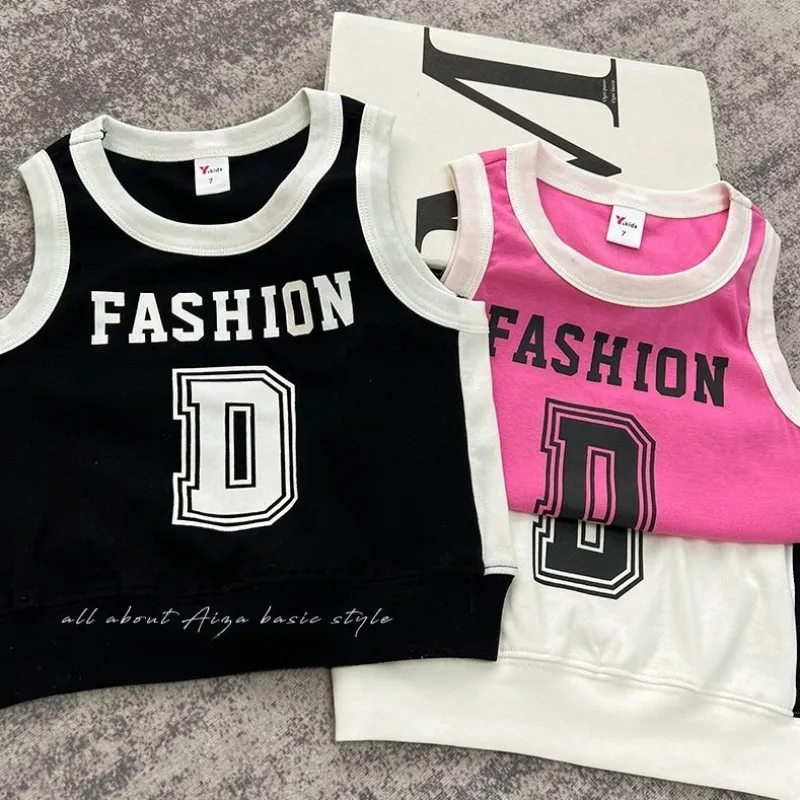 【90-170】カジュアル アルファベット 配色 ノースリーブ 夏 子供服 キッズ ジュニア 女の子 トップス タンクトップ