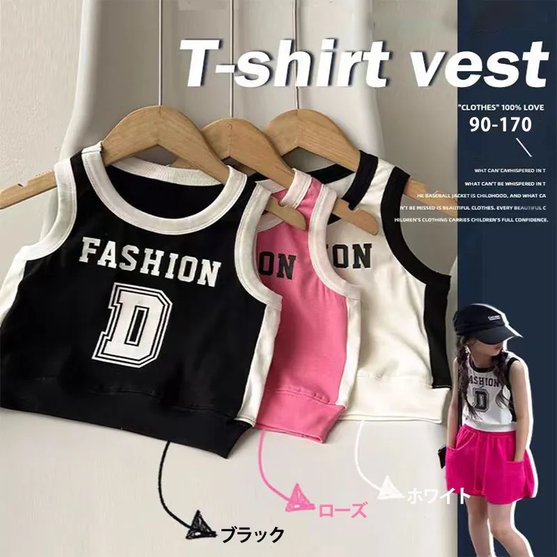 【90-170】カジュアル アルファベット 配色 ノースリーブ 夏 子供服 キッズ ジュニア 女の子 トップス タンクトップ