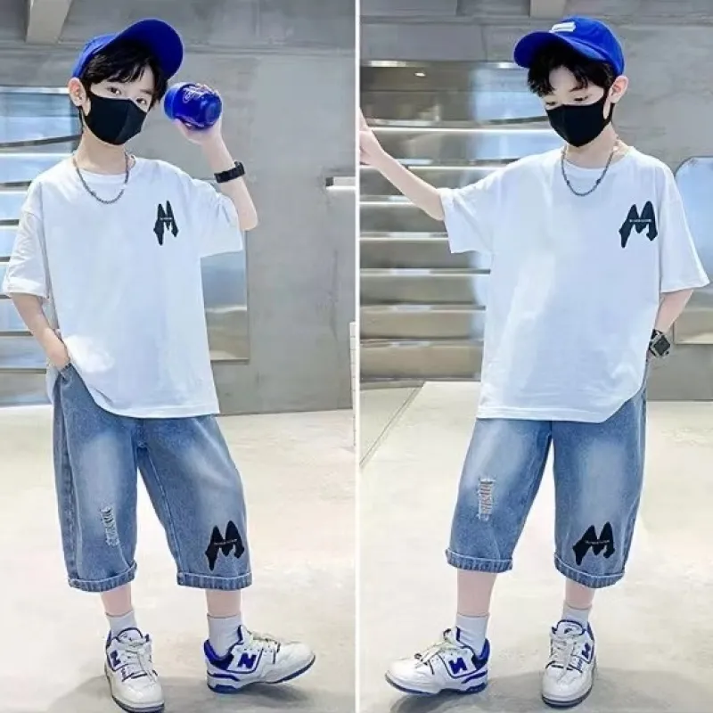 【110‐160 cm】アルファベット カジュアル 韓国系 キッズ ジュニア 子供 服 男の子 夏 半袖 Tシャツ カットソー+パンツ ボトムス セットアップ