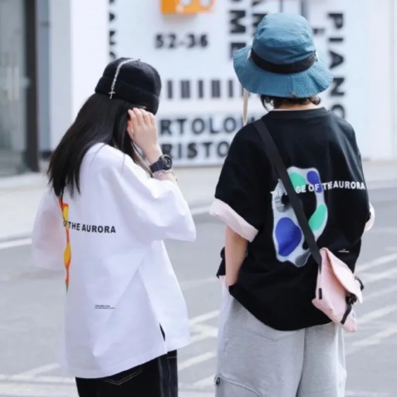 【100-160 cm】ゆったり コットン おしゃれ 落書き プリント 半袖 夏 子供服 キッズ ジュニア 女の子 トップス Tシャツ カットソー