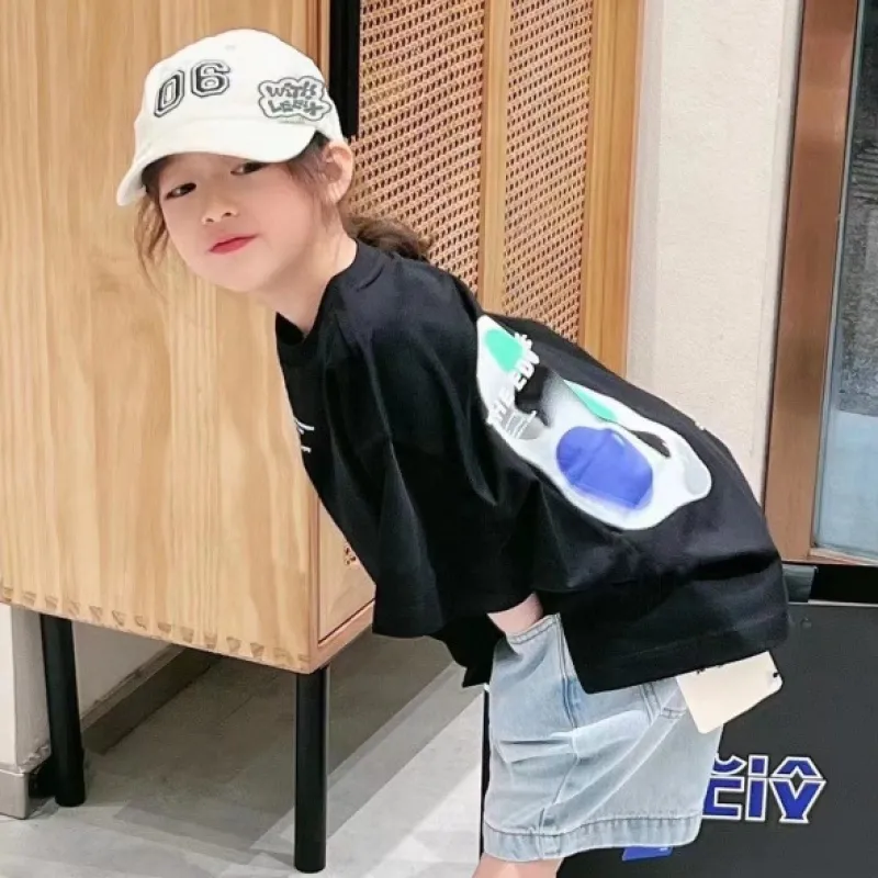 【100-160 cm】ゆったり コットン おしゃれ 落書き プリント 半袖 夏 子供服 キッズ ジュニア 女の子 トップス Tシャツ カットソー