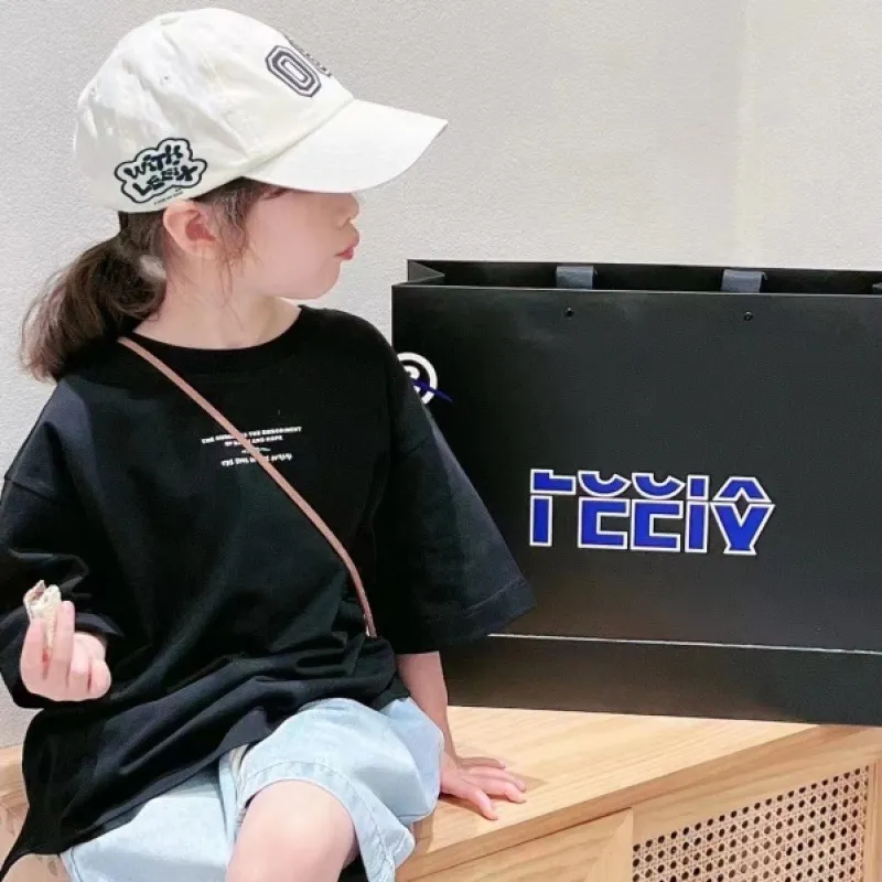 【100-160 cm】ゆったり コットン おしゃれ 落書き プリント 半袖 夏 子供服 キッズ ジュニア 女の子 トップス Tシャツ カットソー