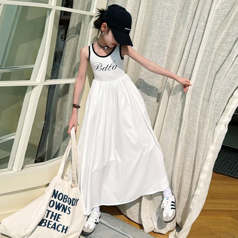 【120-170】 オシャレ スリム アルファベット Aライン ノースリーブ 夏 子供服 キッズ ジュニア 女の子 ロングワンピース
