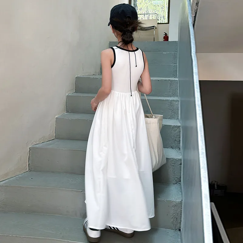 【120-170】 オシャレ スリム アルファベット Aライン ノースリーブ 夏 子供服 キッズ ジュニア 女の子 ロングワンピース