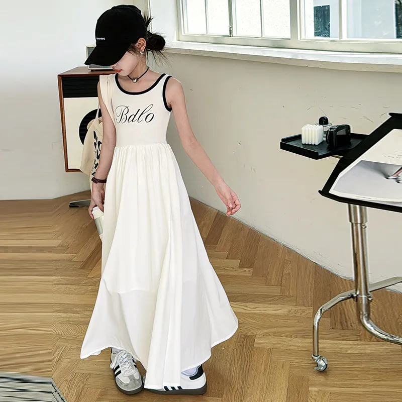 【120-170】 オシャレ スリム アルファベット Aライン ノースリーブ 夏 子供服 キッズ ジュニア 女の子 ロングワンピース