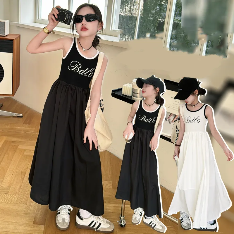 【120-170】 オシャレ スリム アルファベット Aライン ノースリーブ 夏 子供服 キッズ ジュニア 女の子 ロングワンピース