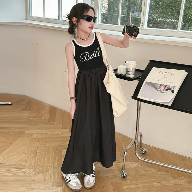 【120-170】 オシャレ スリム アルファベット Aライン ノースリーブ 夏 子供服 キッズ ジュニア 女の子 ロングワンピース