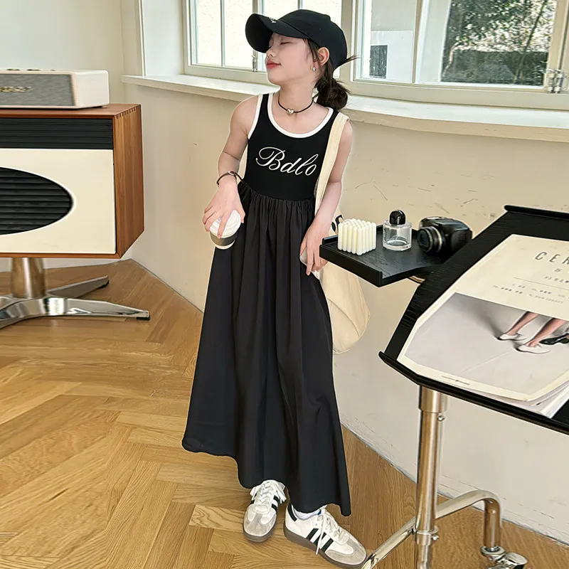 【120-170】 オシャレ スリム アルファベット Aライン ノースリーブ 夏 子供服 キッズ ジュニア 女の子 ロングワンピース