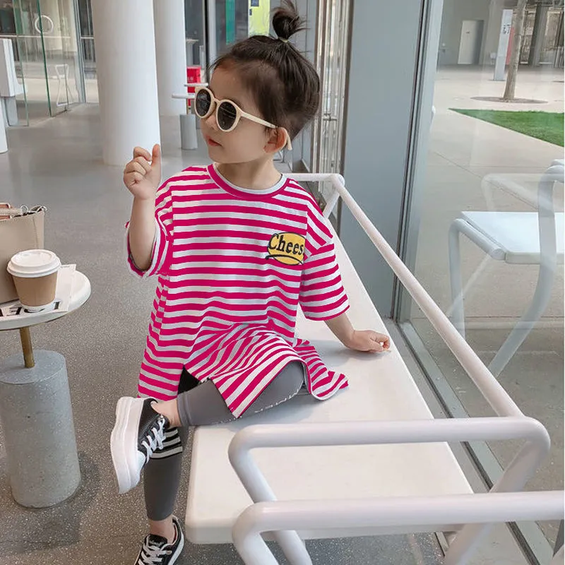 【90-130】オシャレ ボーダー スリット 半袖 ストレート ロングTシャツ 夏 子供服 キッズ トドラー 女の子 ワンピース