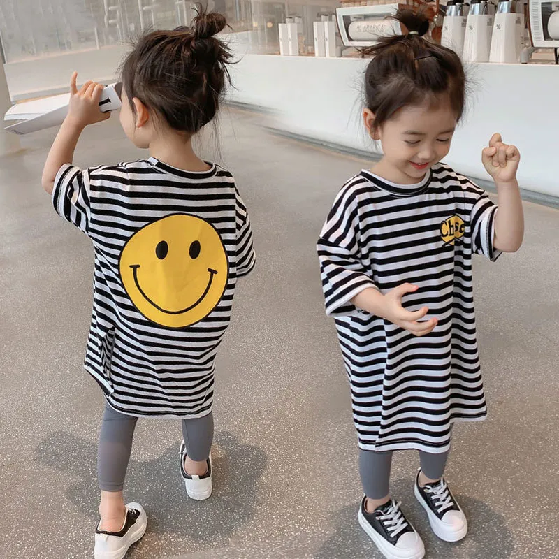 【90-130】オシャレ ボーダー スリット 半袖 ストレート ロングTシャツ 夏 子供服 キッズ トドラー 女の子 ワンピース