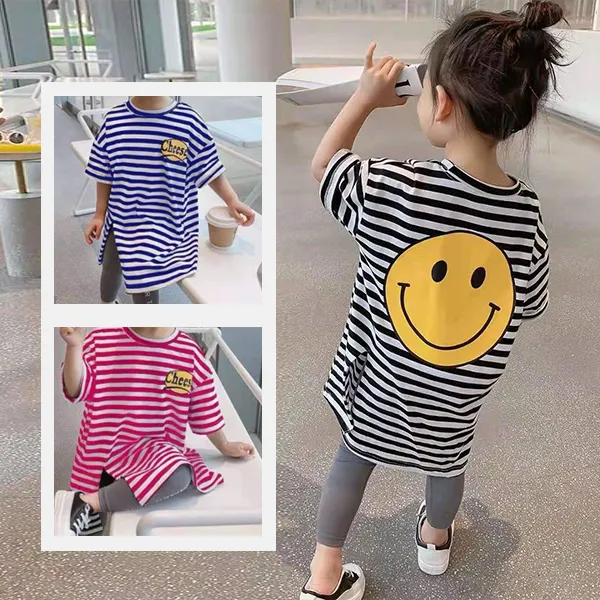 【90-130】オシャレ ボーダー スリット 半袖 ストレート ロングTシャツ 夏 子供服 キッズ トドラー 女の子 ワンピース