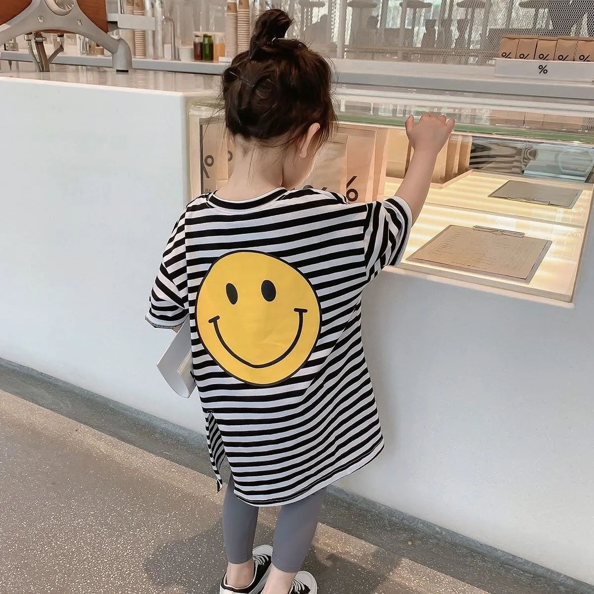 【90-130】オシャレ ボーダー スリット 半袖 ストレート ロングTシャツ 夏 子供服 キッズ トドラー 女の子 ワンピース