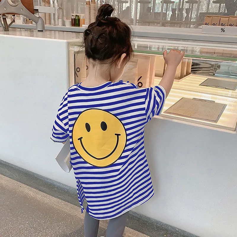 【90-130】オシャレ ボーダー スリット 半袖 ストレート ロングTシャツ 夏 子供服 キッズ トドラー 女の子 ワンピース