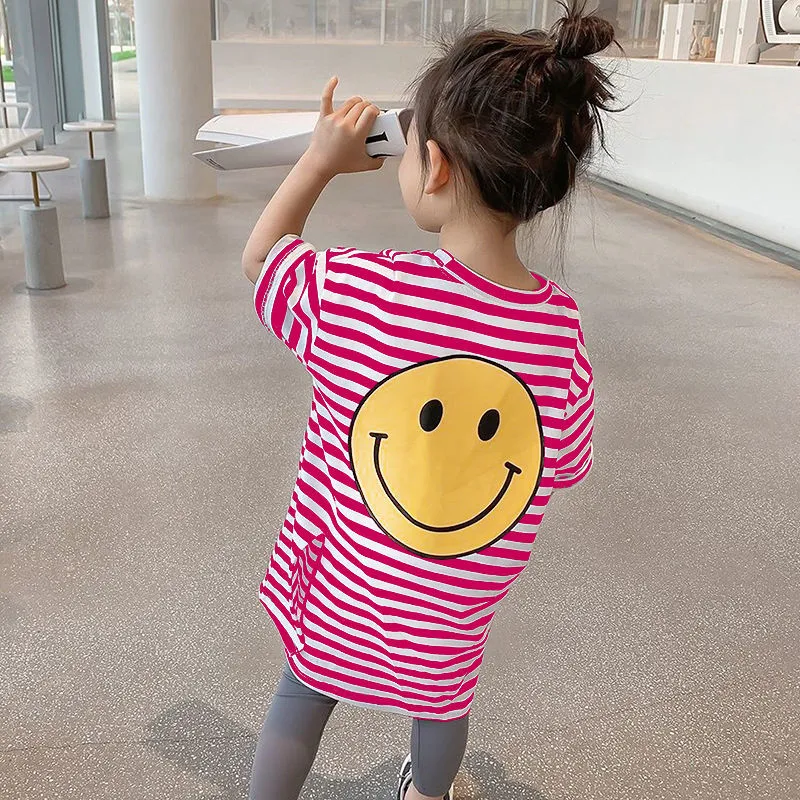 【90-130】オシャレ ボーダー スリット 半袖 ストレート ロングTシャツ 夏 子供服 キッズ トドラー 女の子 ワンピース