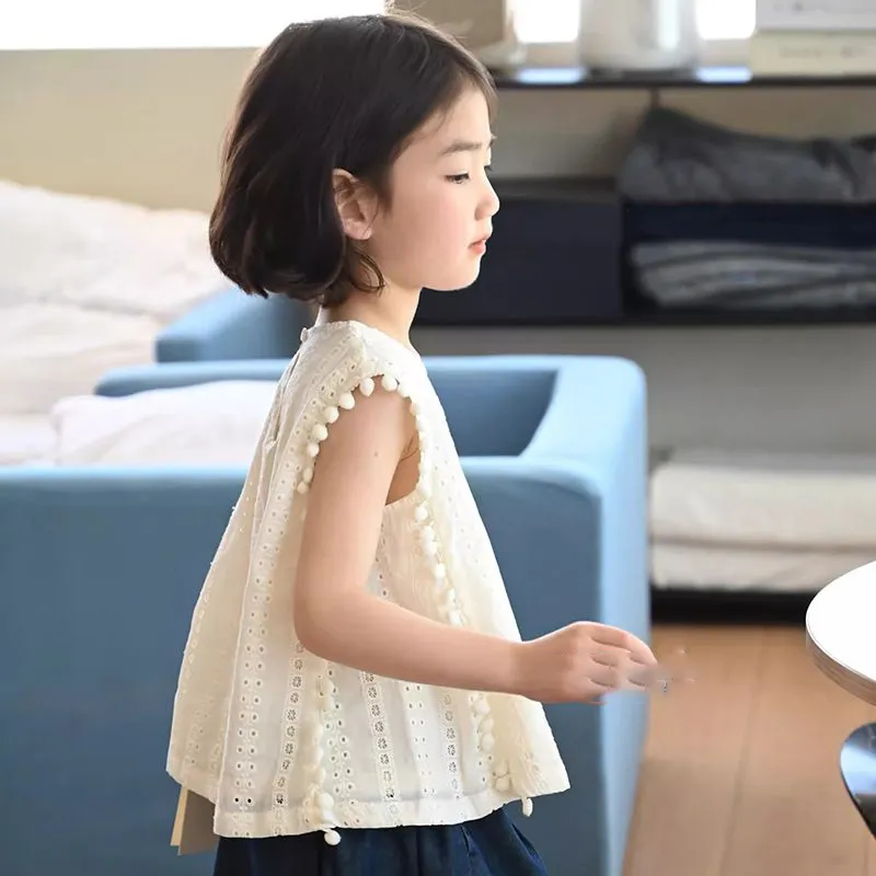 【110-160cm】単品注文 人気 レトロ スウィート 無地 レース トップス パンツ キッズ 女の子 夏