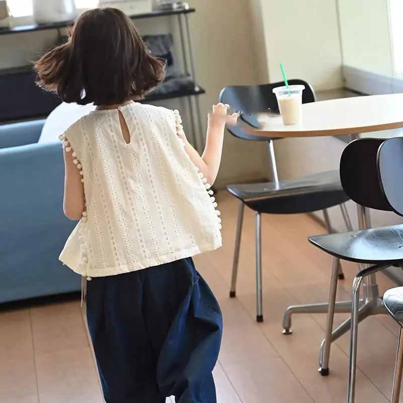 【110-160cm】単品注文 人気 レトロ スウィート 無地 レース トップス パンツ キッズ 女の子 夏