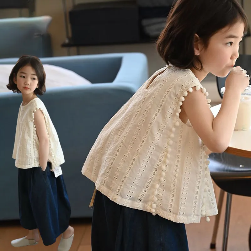 【110-160cm】単品注文 人気 レトロ スウィート 無地 レース トップス パンツ キッズ 女の子 夏