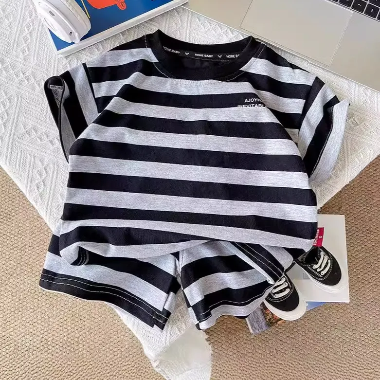 【80-120cm】デザイン性抜群 配色 ボーダー 夏 半袖 ファッション 男の子 セットアップ