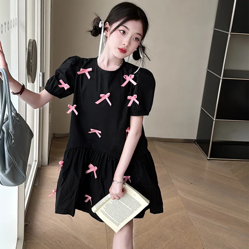 【120-170cm】2色選べる 韓国風 ファッション 無地 切り替え リボン キュート 女の子 ワンピース