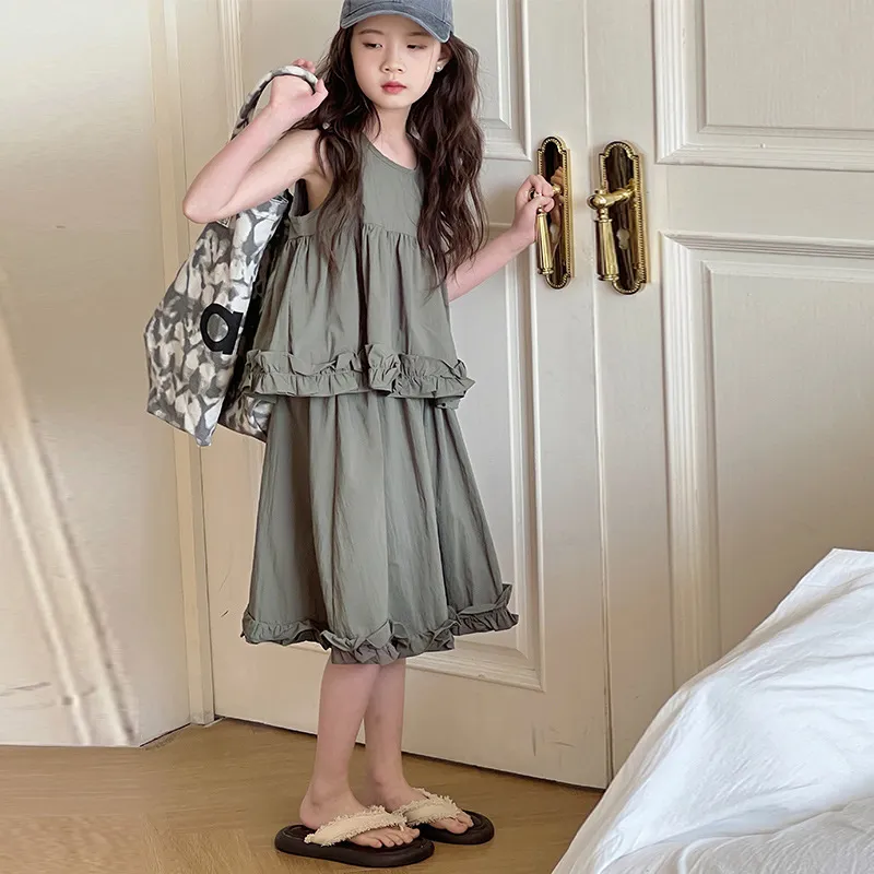 【120-170cm】気質アップ 無地 夏 キュート 清新 女の子 ギャザー ノースリーブ セットアップ
