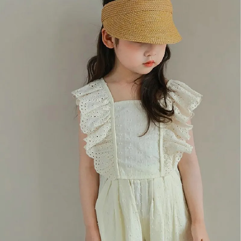 【90-140cm】2色選べる 買わなきゃ損 レトロ スウィート 清新 キュート レース トップス＋パンツ 子供服 女の子 夏二点セットアップ