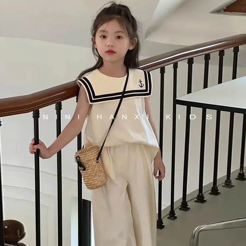 【100-170cm】存在感抜群 無地 セーラーカラー ノースリーブ トップス+無地 ゆったり ボトムズ 2点セット