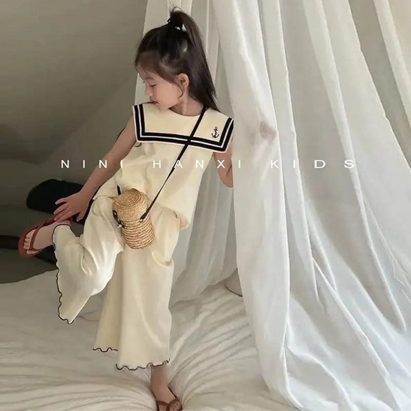 【100-170cm】存在感抜群 無地 セーラーカラー ノースリーブ トップス+無地 ゆったり ボトムズ 2点セット