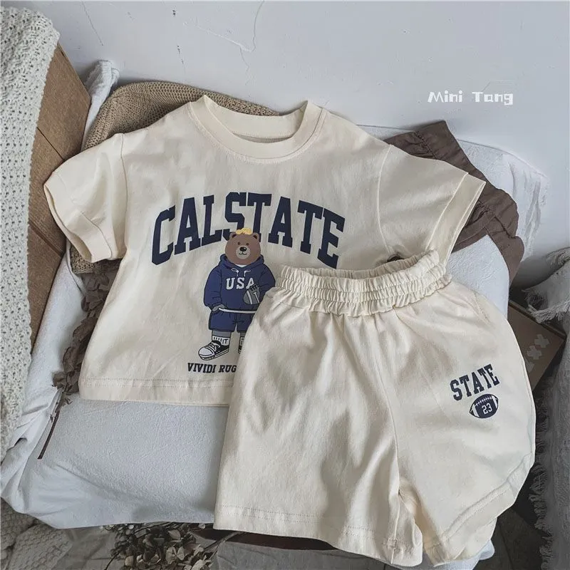 【80-130cm】3色展開 絶対可愛い カジュアル カートゥーン アルファベット 半袖 Tシャツ+ショート丈パンツ 男の子 セットアップ