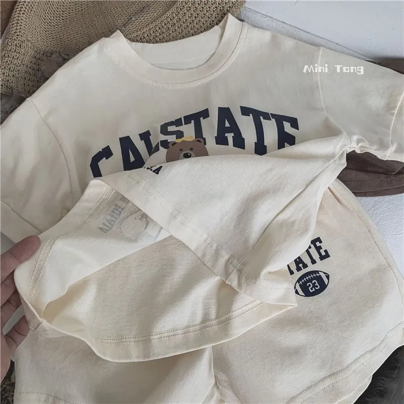 【80-130cm】3色展開 絶対可愛い カジュアル カートゥーン アルファベット 半袖 Tシャツ+ショート丈パンツ 男の子 セットアップ