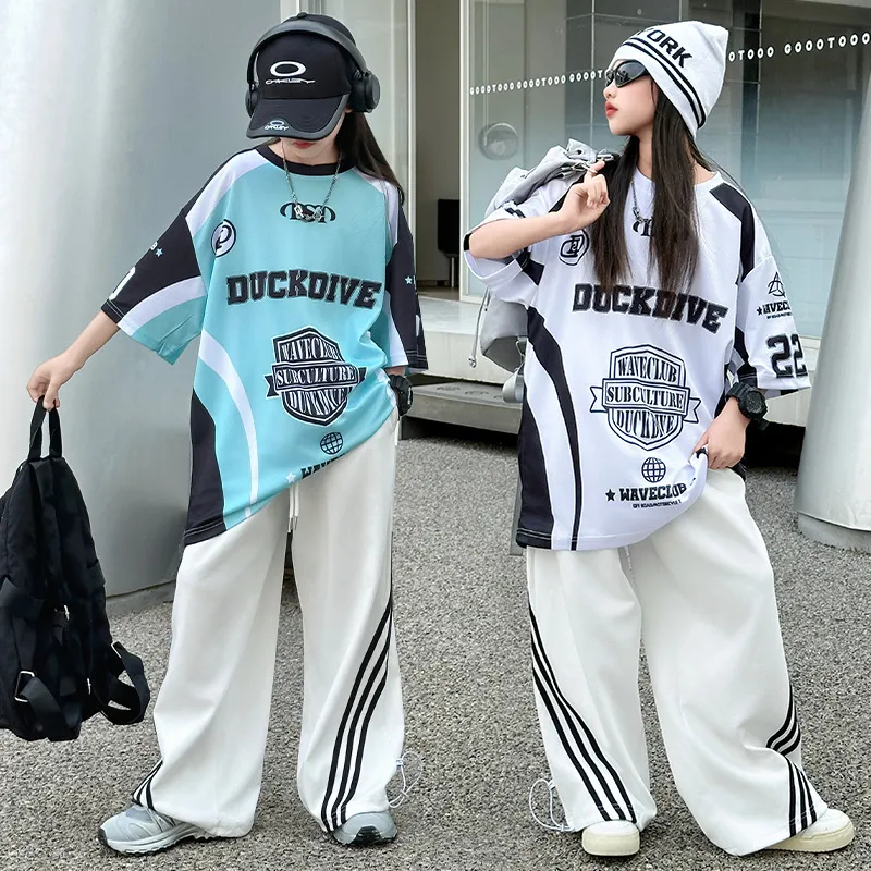 【120-170】単品注文 4色 ヒップホップ ダンス ゆったり 配色 落書き アルファベット 半袖 Tシャツ/ストライプ柄 ワイドパンツ
