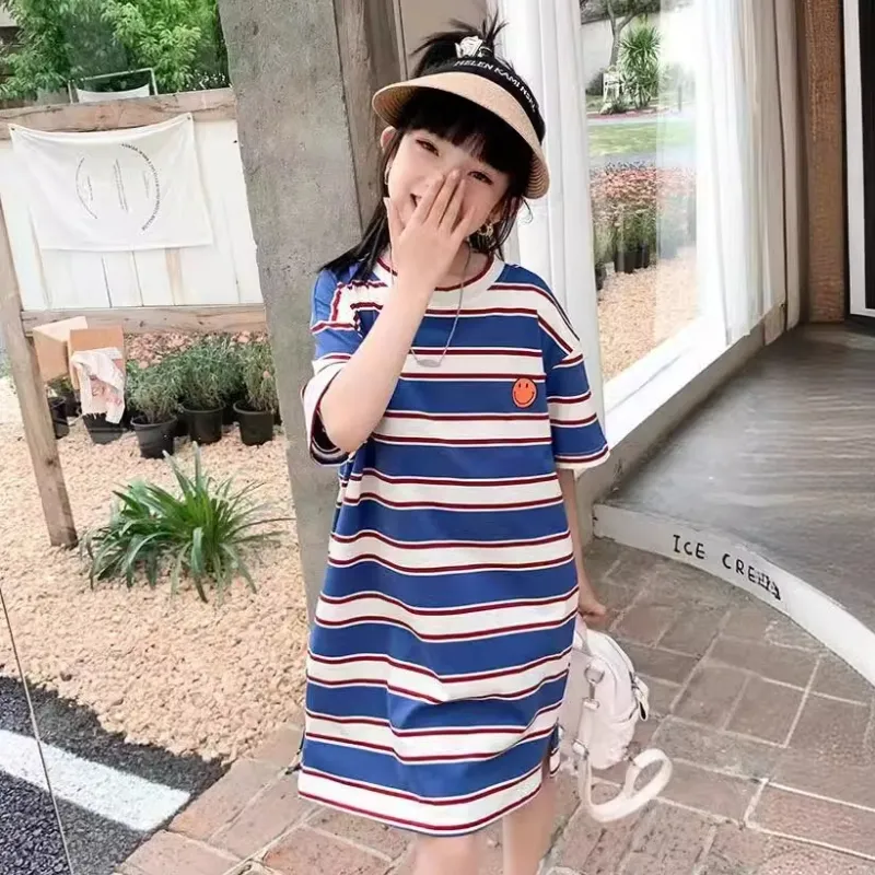 【120-160】 オシャレ 配色 ボーダー 笑顔柄 ストレート 半袖 夏 子供服 キッズ ジュニア 女の子 ワンピース