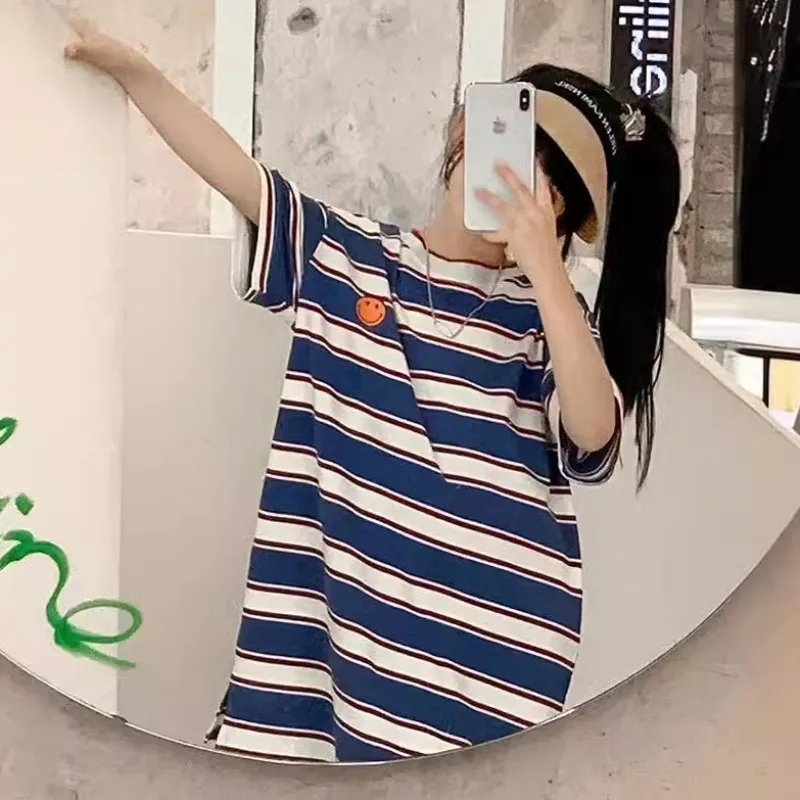 【120-160】 オシャレ 配色 ボーダー 笑顔柄 ストレート 半袖 夏 子供服 キッズ ジュニア 女の子 ワンピース