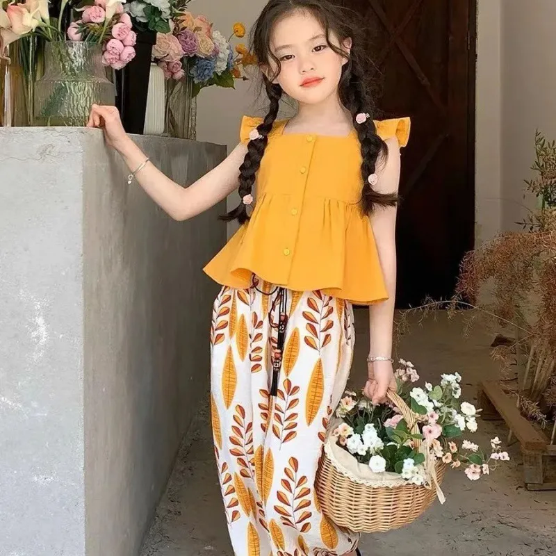 【110-160】2点セット 単品注文可 森ガール プリント フリル袖 スクエアネック タンクトップ✛9分丈 パンツ セットアップ