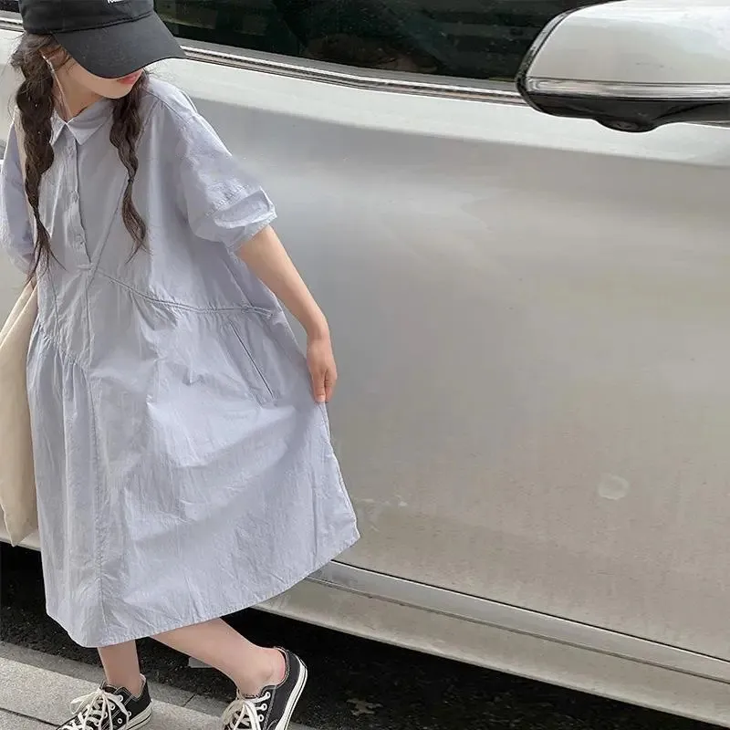 【110-170 cm】学園風 清新 無地 POLOネック ゆったり 半袖 夏 子供服 キッズ ジュニア 女の子 シャツワンピース