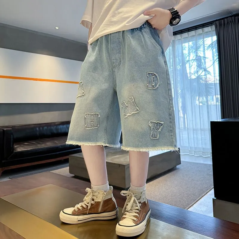 【120-170cm】組み合わせ自由 アルファベット 刺繡 エイジング加工 シンプル 夏 ファッション デニム ボトムズ