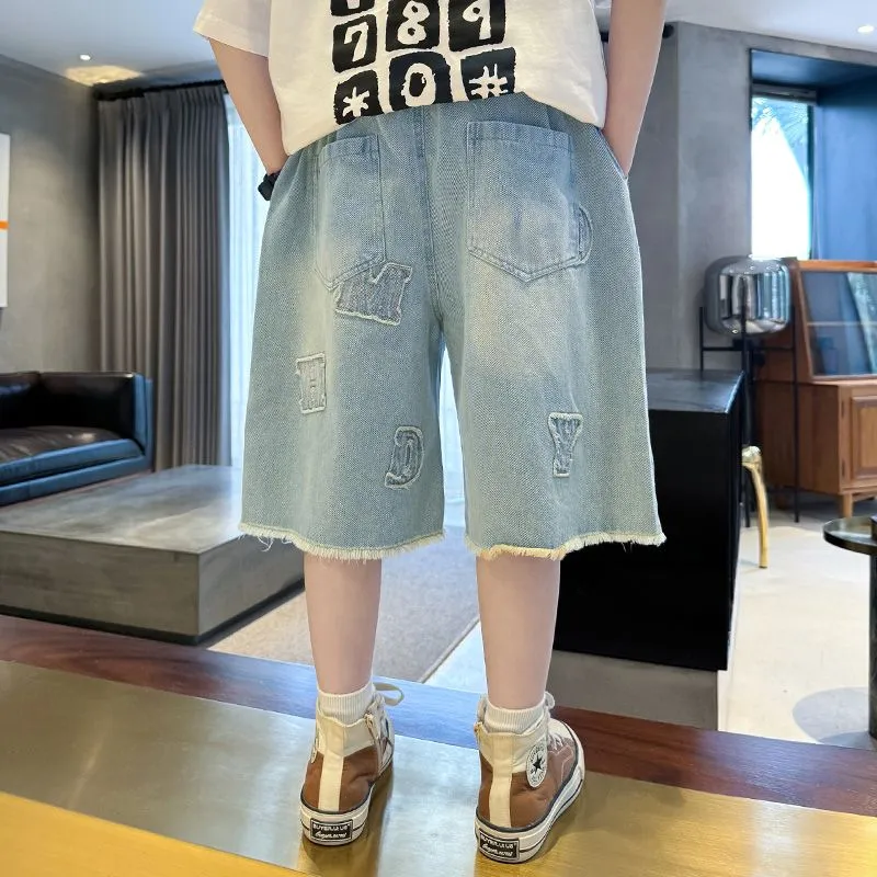 【120-170cm】組み合わせ自由 アルファベット 刺繡 エイジング加工 シンプル 夏 ファッション デニム ボトムズ