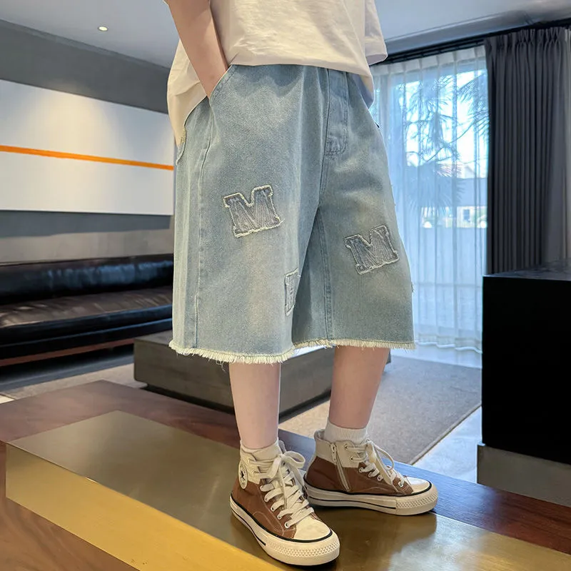 【120-170cm】組み合わせ自由 アルファベット 刺繡 エイジング加工 シンプル 夏 ファッション デニム ボトムズ
