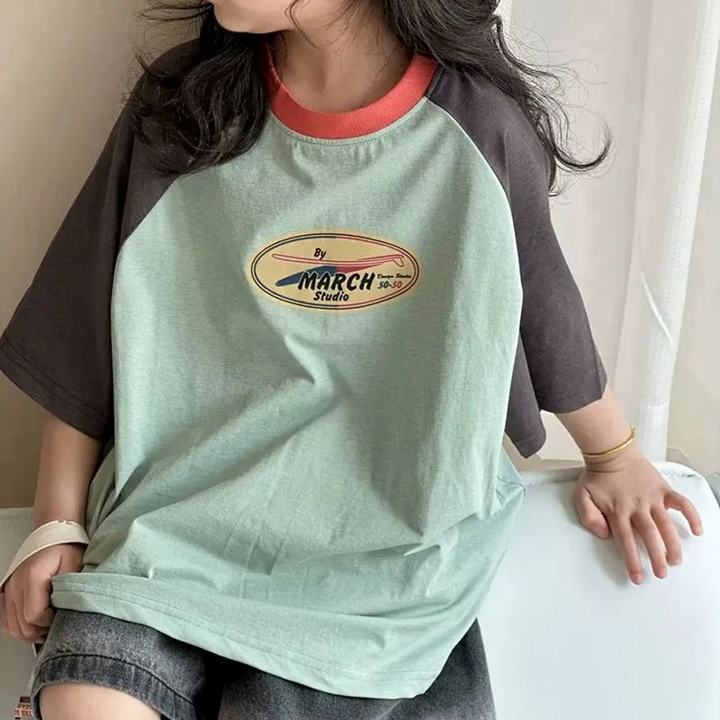 【120-170cm】人気上昇中 カジュアル 韓国系 配色 アルファベット 半袖 女の子 Tシャツ トップス