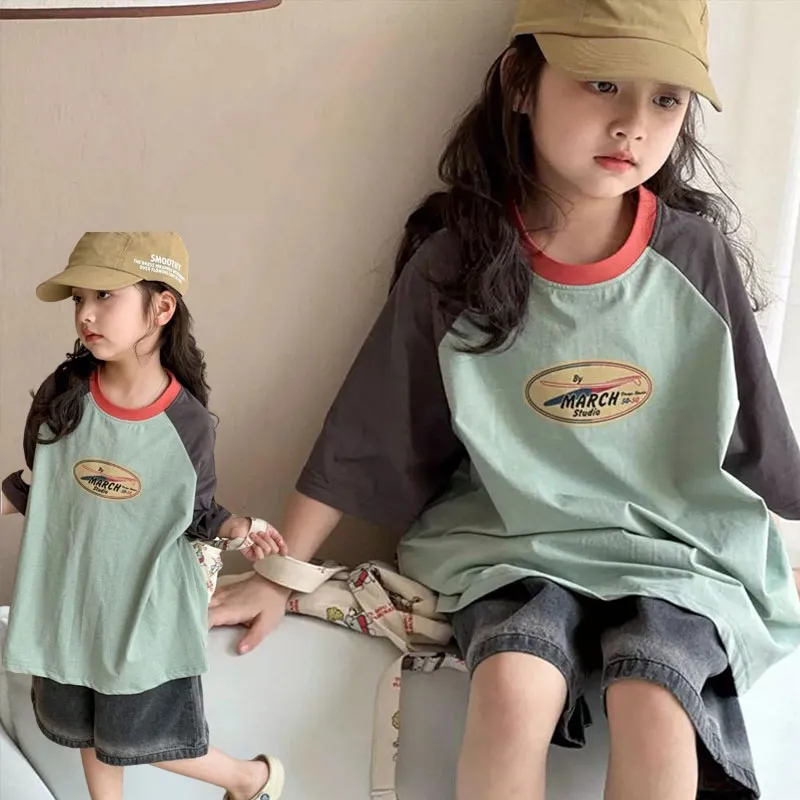 【120-170cm】人気上昇中 カジュアル 韓国系 配色 アルファベット 半袖 女の子 Tシャツ トップス