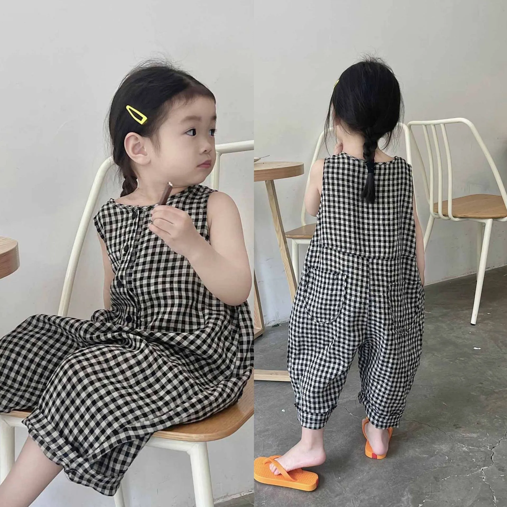 【95-130cm】絶対欲しい 気質アップ 高見えデザイン チェック柄 ノースリーブ カジュアル 夏 女の子 オールインワン ボトムス