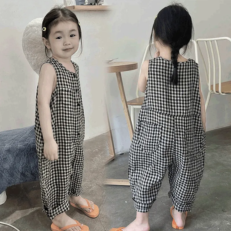 【95-130cm】絶対欲しい 気質アップ 高見えデザイン チェック柄 ノースリーブ カジュアル 夏 女の子 オールインワン ボトムス