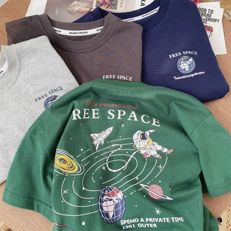 【90-140cm】全4色 夏を楽しむ カートゥーン プリント 半袖 スポーツ ストリート系 Tシャツ
